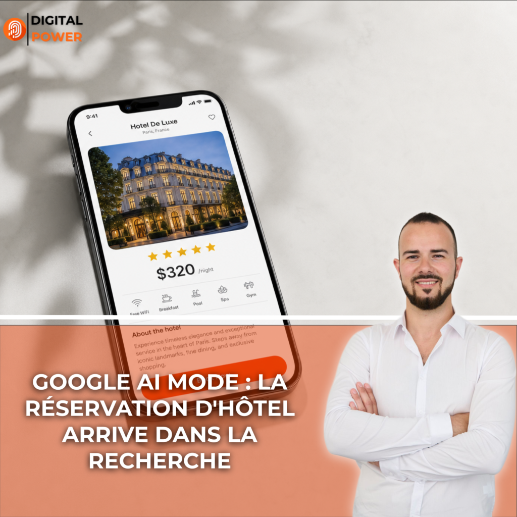 Smartphone présantant une interface de réservation d'hôtel avec photograhie d'établissement, cinq étoiles, un prix par nuit et un bouton de paiement orange, sur fond blanc épuré
