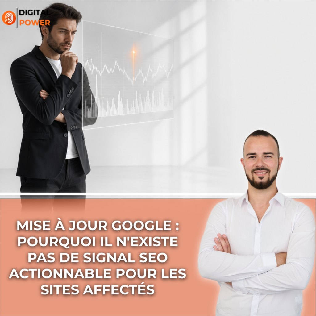Expert SEO observant un signal orange lumineux sur une interface holographique symbolisant les signaux des mises à jour Google