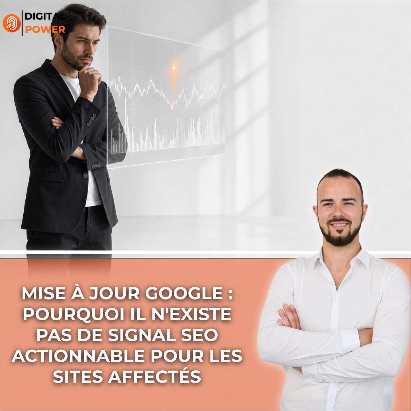 Expert SEO observant un signal orange lumineux sur une interface holographique symbolisant les signaux des mises à jour Google