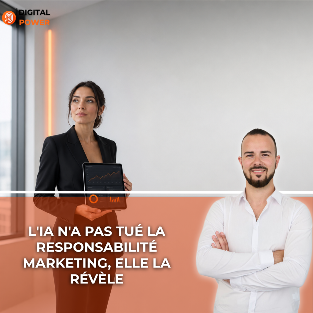 Femme professionnelle en blazer noir consultant un tableau de bord sur une tablette dans un bureau moderne aux accents orangés