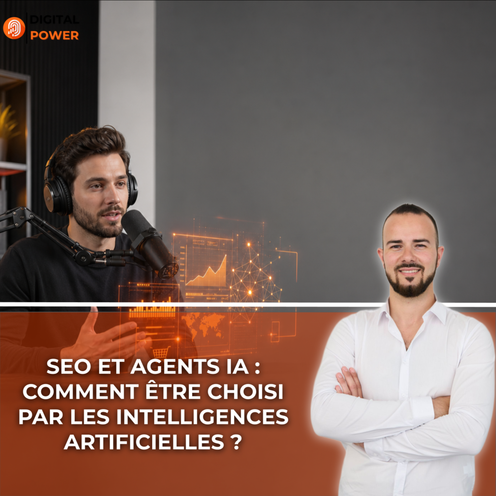 Animateur de podcast en studio, casque audio et micro professionnel, face à un hologramme orange affichant des données SEO et d'IA