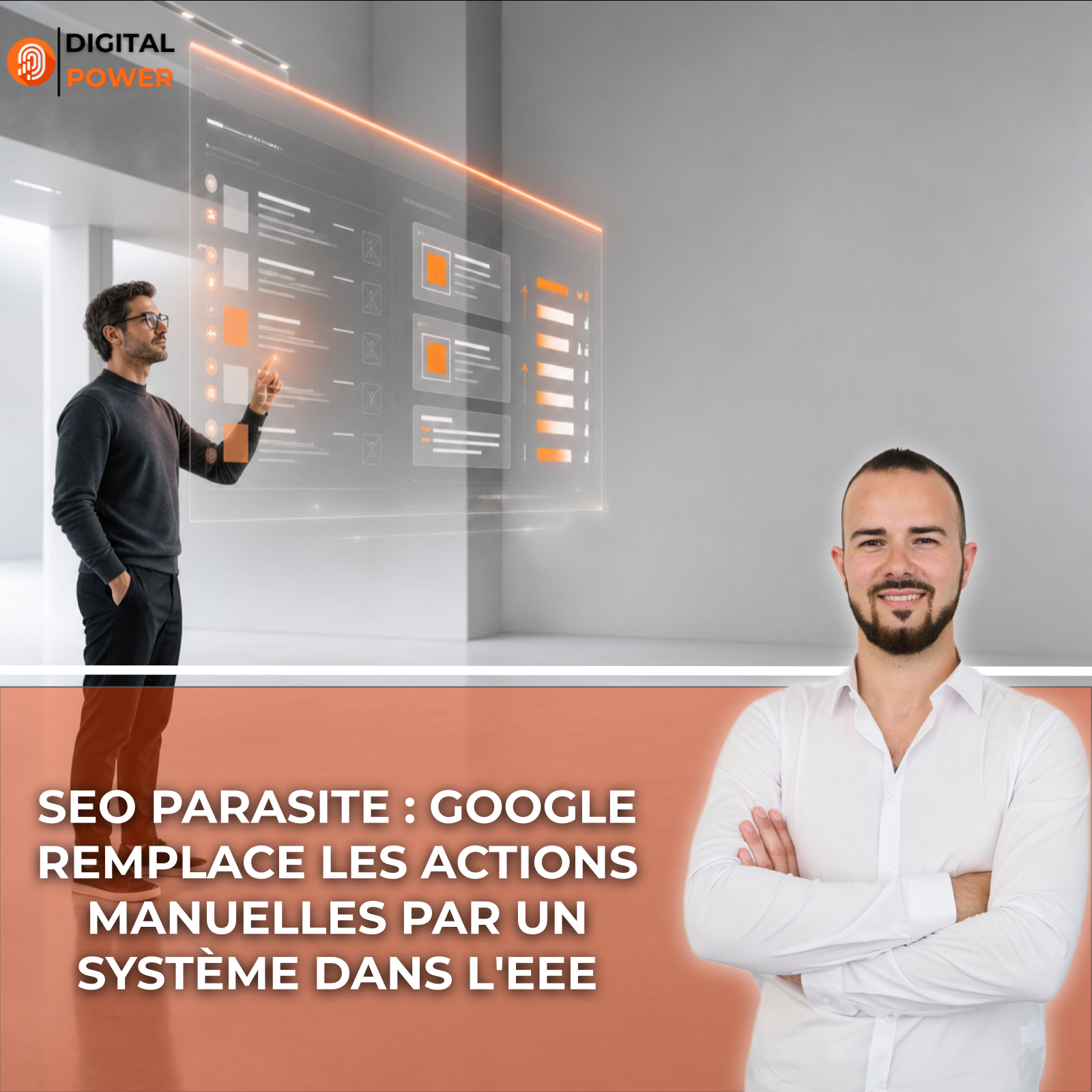 Consultant en marketing digital face à un tableau de bord holographique illustrant le nettoyage de la réputation des sites dans les résultats de recherche Google