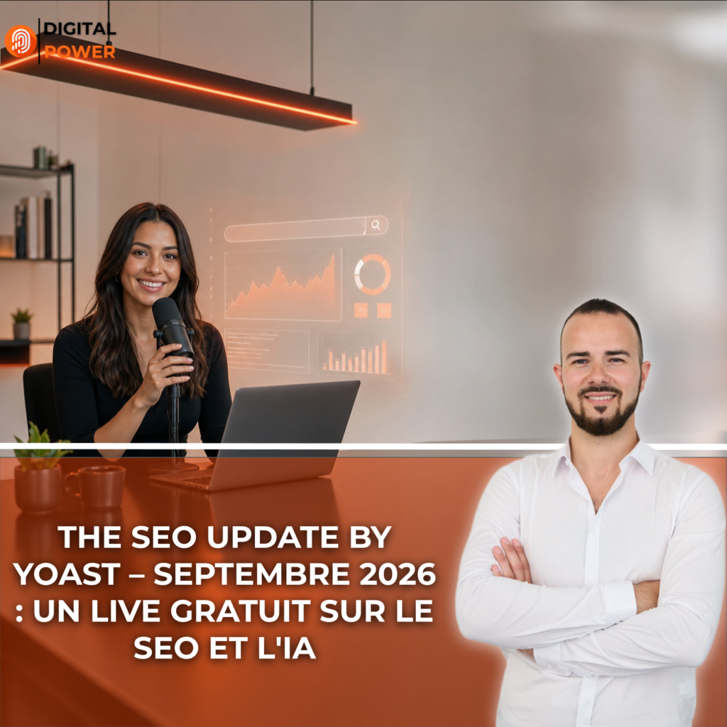 Podcasteuse tech souriante dans un studio moderne tenant un micro professionnel, avec un panneau LED orange et des grafiques d'analyse SEO en hologramme à ses côtés
