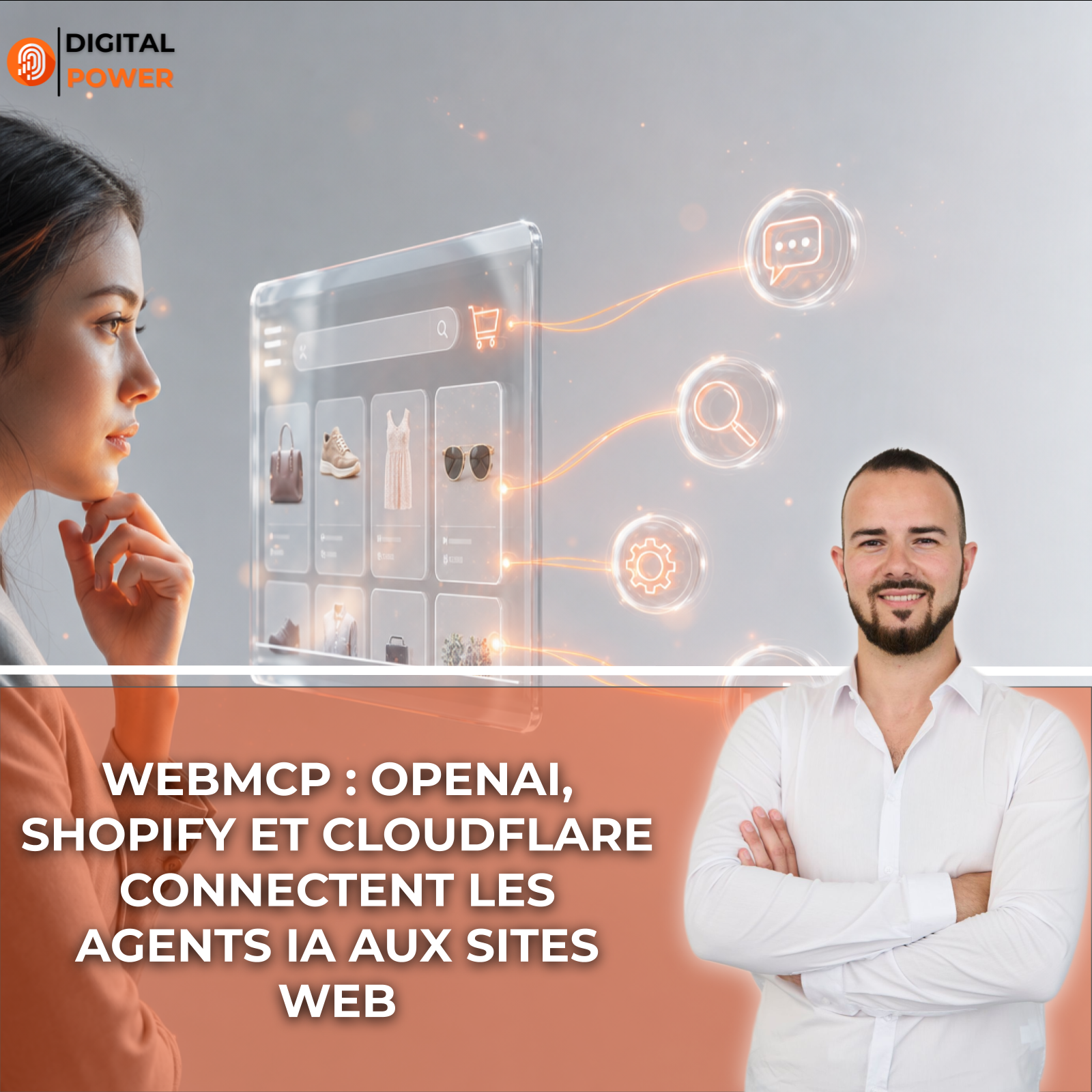Interface holographique e-commerce reliée à des agents d'IA, illustration de l'article sur WebMCP