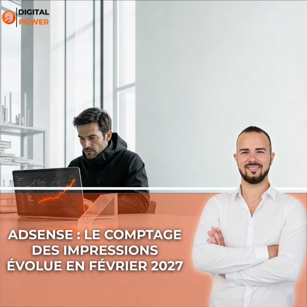Consultant analysant des statistiques d'impressions publicitaires sur un ordinateur portable, avec un prisme orange sur un bureau clair dans un espace lumineux.