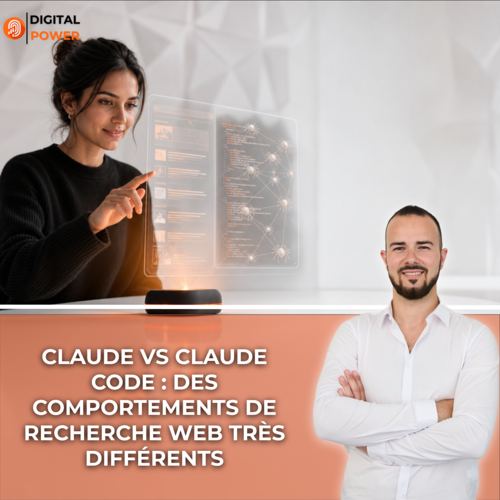 Interface holographique comparant les recherches web de Claude et les agents de Claude Code dans un espace de travail moderne