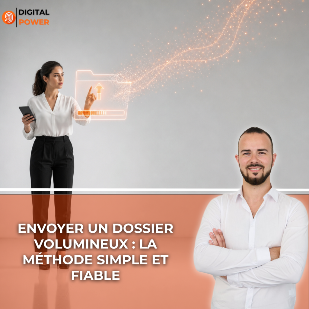 Professionnelle transférant un dossier volumineux via une interface holographique orange, un SSD externe à la main
