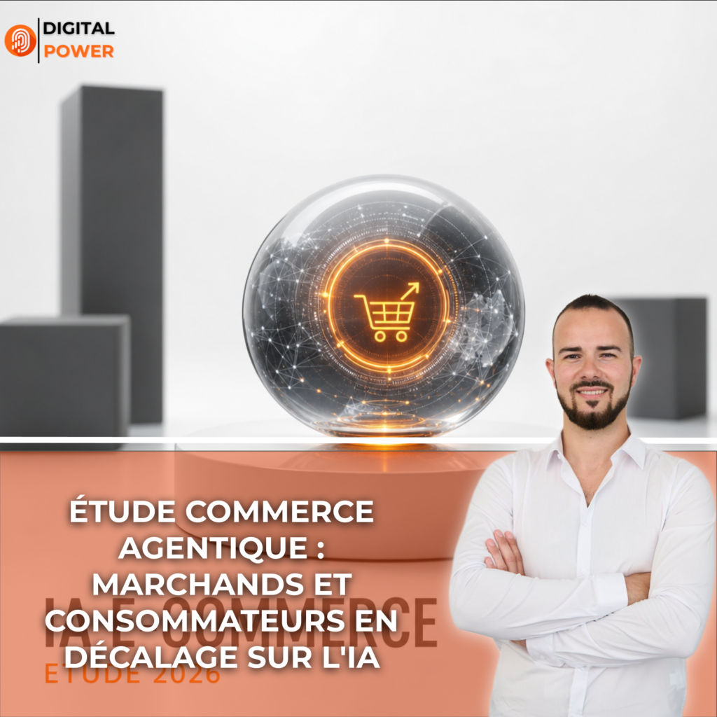 Sphère futuriste en verre avec interface holographique orange affichant un panier d'achat, symbolisant le commerce agentique et la croissance du e-commerce en 2026