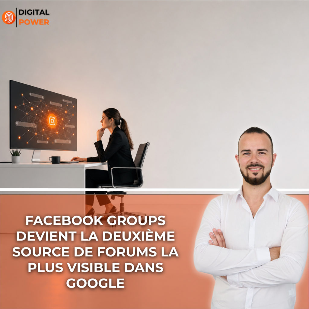 Professionnelle dans un bureau moderne devant un grand écran affichant un réseau de connexions et une icône de réseau social, illustrant l'influence des communautés sociales sur les résultats de recherche Google.
