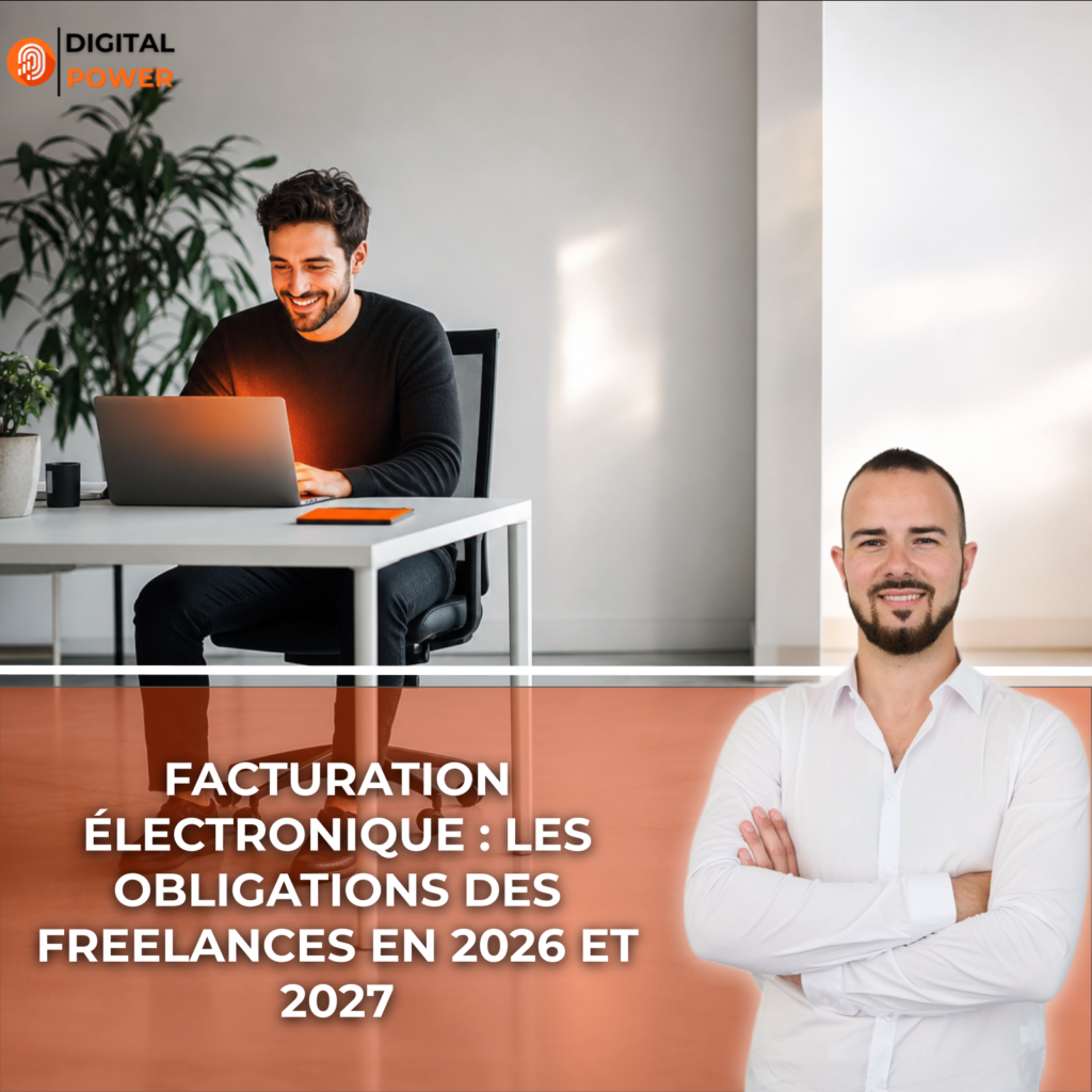 Freelance souriant devant son ordinateur portable dans un bureau moderne, illustrant la facturation électronique