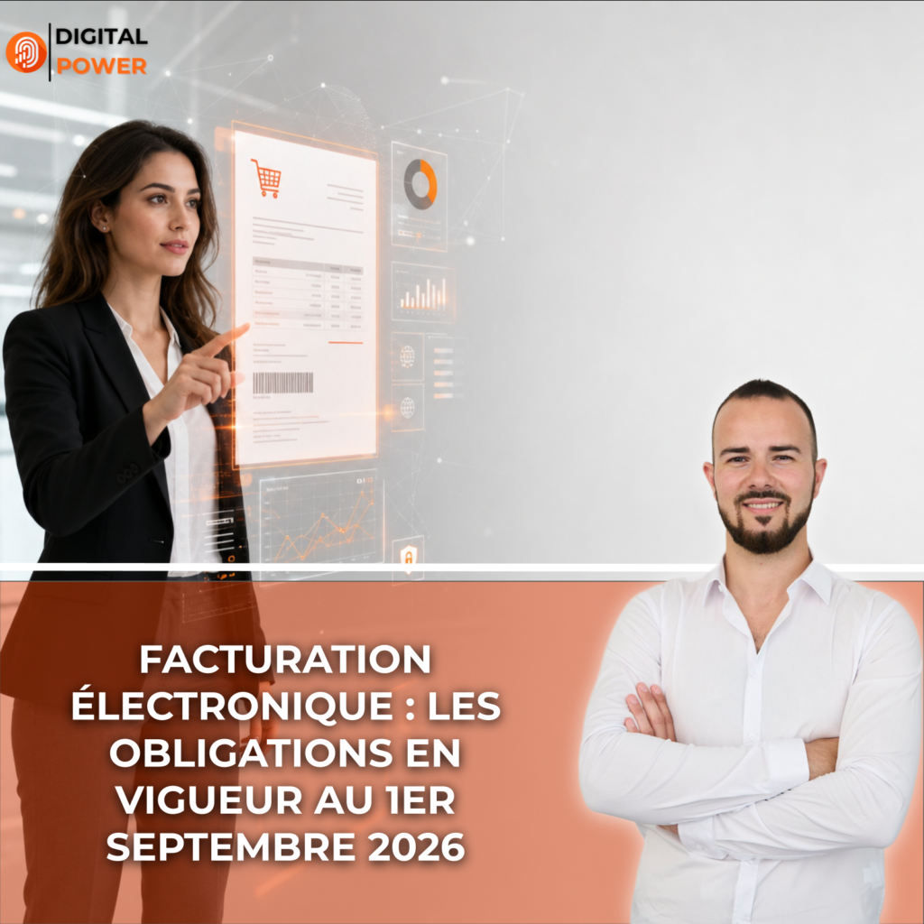 Femme professionnelle dans un bureau moderne observant une interface holographique de facturation électronique, avec accents orange sur fond blanc et gris.