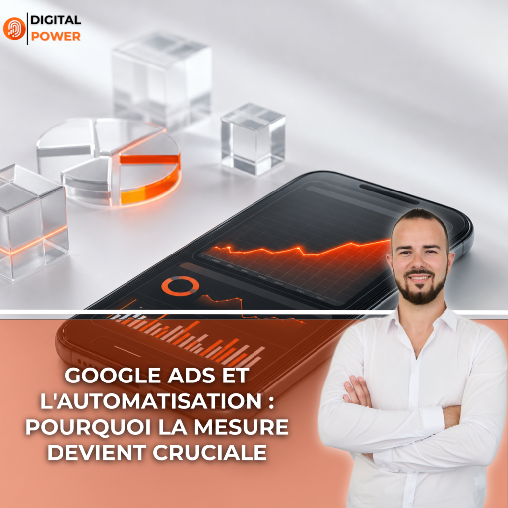 Smartphone affichant un tableau de bord de mesure des performances Google Ads avec une courbe de revenus en hausse, sur un fond neutre minimaliste