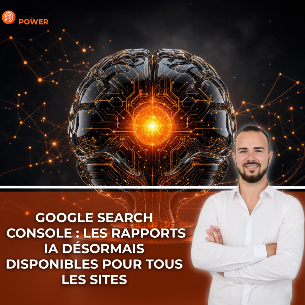 Cerveau-processeur en cristal noir aux circuits dorés avec une sphère orange lumineuse, symbolisant l'intelligence artificielle et les données web.