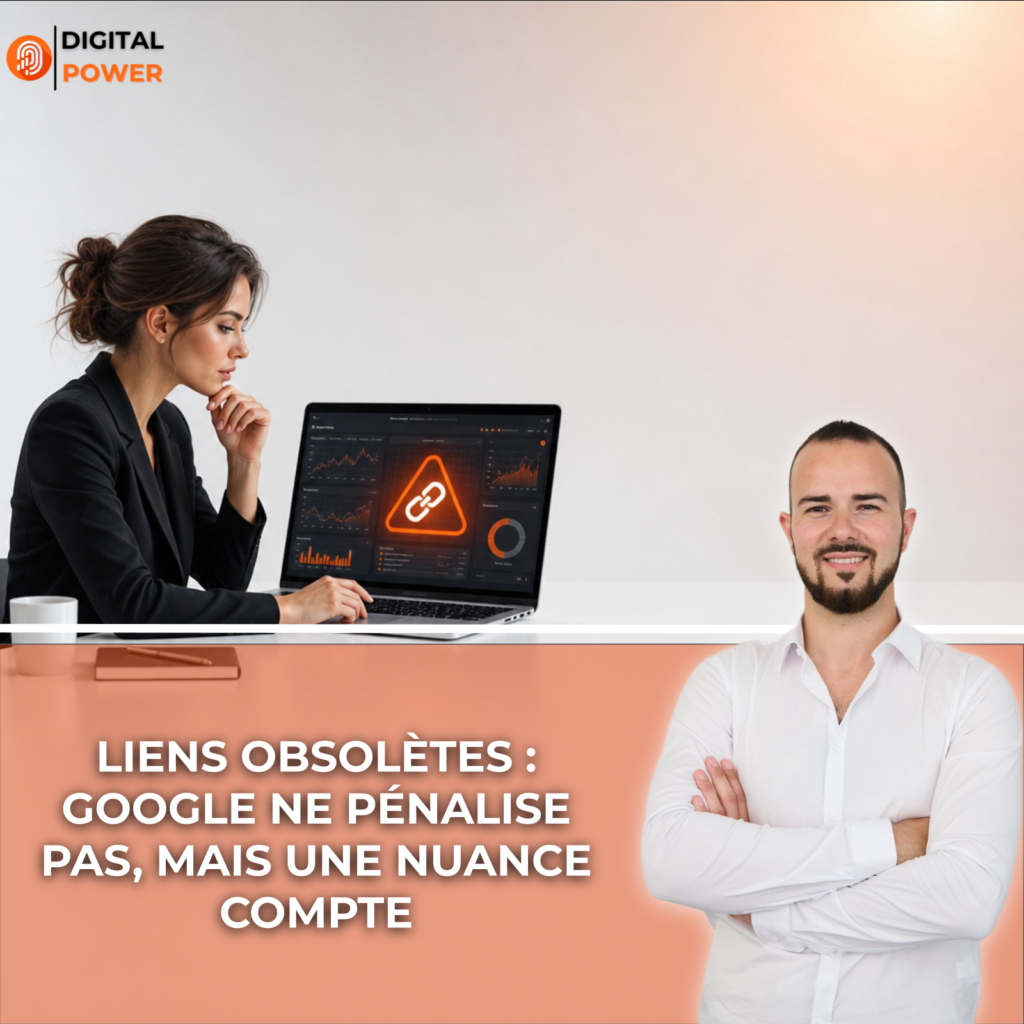 Femme professionnelle analysant un tableau de bord SEO affichant un avertissement de lien obsolète, dans un studio moderne