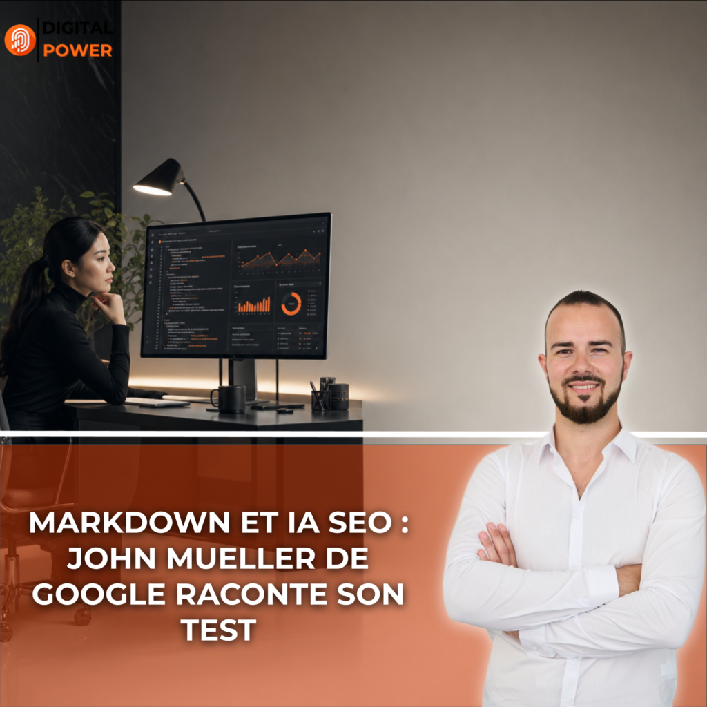 Professionnelle travaillant sur un écran mêlant code Markdown et indicateurs d'analyse SEO pour l'intelligence artificielle