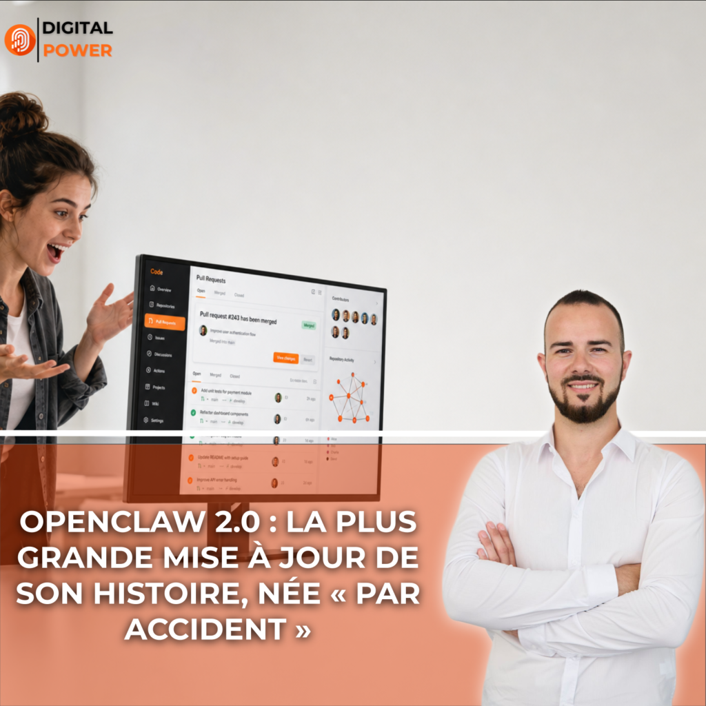 Développeuse observant un tableau de bord collaboratif OpenClaw affichant des pull requests et un graphique réseau