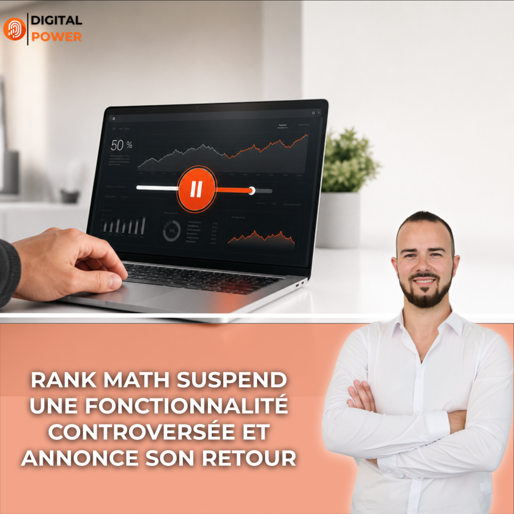 Ordinateur portable affichant un tableau de bord SEO avec un élément d'interface orange symbolisant une fonctionnalité en pause puis relancée, sur un bureau blanc minimaliste