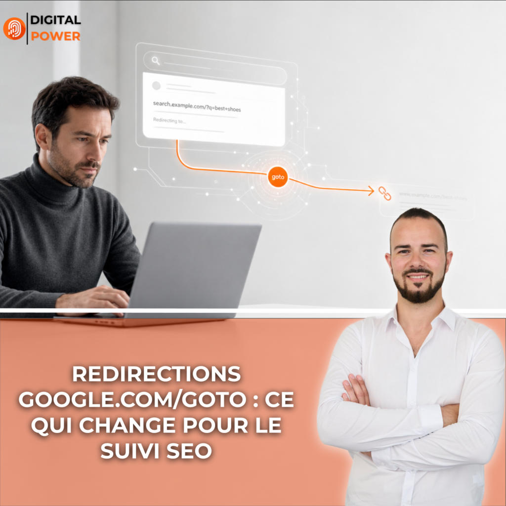 Analyste SEO observant une interface Google où l'URL d'un résultat passe par une redirection google.com/goto