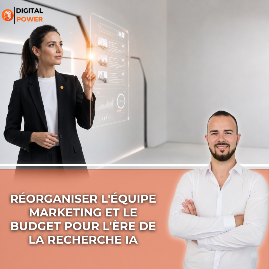 Profesionnelle du marketing en blazer noir observant une interface holographique affichant des résutats de recherche IA et des graphiques d'analyse, dans un studio moderne blanc et gris.