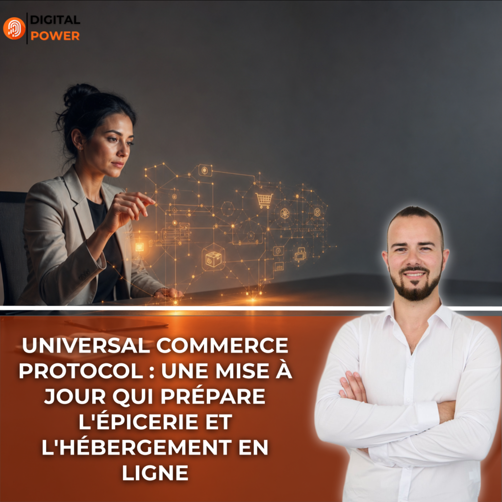 Femme professionnelle examinant une interface holographique orange représentant des flux de données e-commerce et des schémas structurés, dans un studio minimaliste