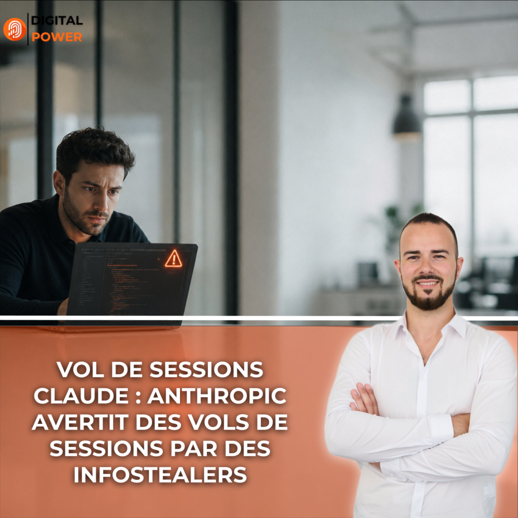 Professionel scrutant un écran affichant une alerte de sécurit é orange, illustration de l'alerte sur le vol de sessions de l'assistant d'IA Claude.